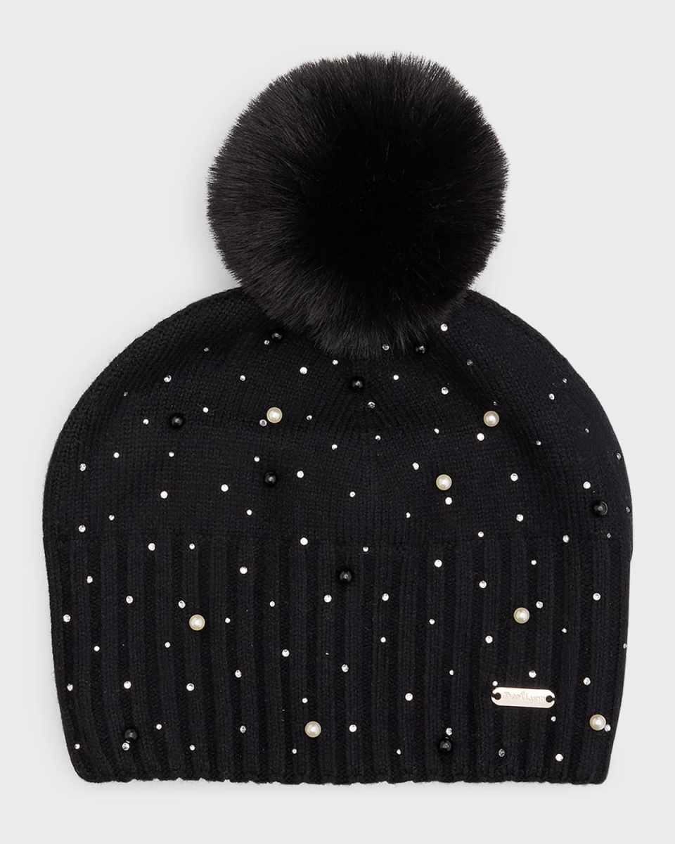 Girl's Pearl And Rhinestone Pompom Beanie